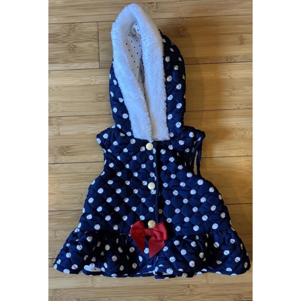 Little Me girls navy blue w/white polka dots sleeveless snap button hoodie 12M